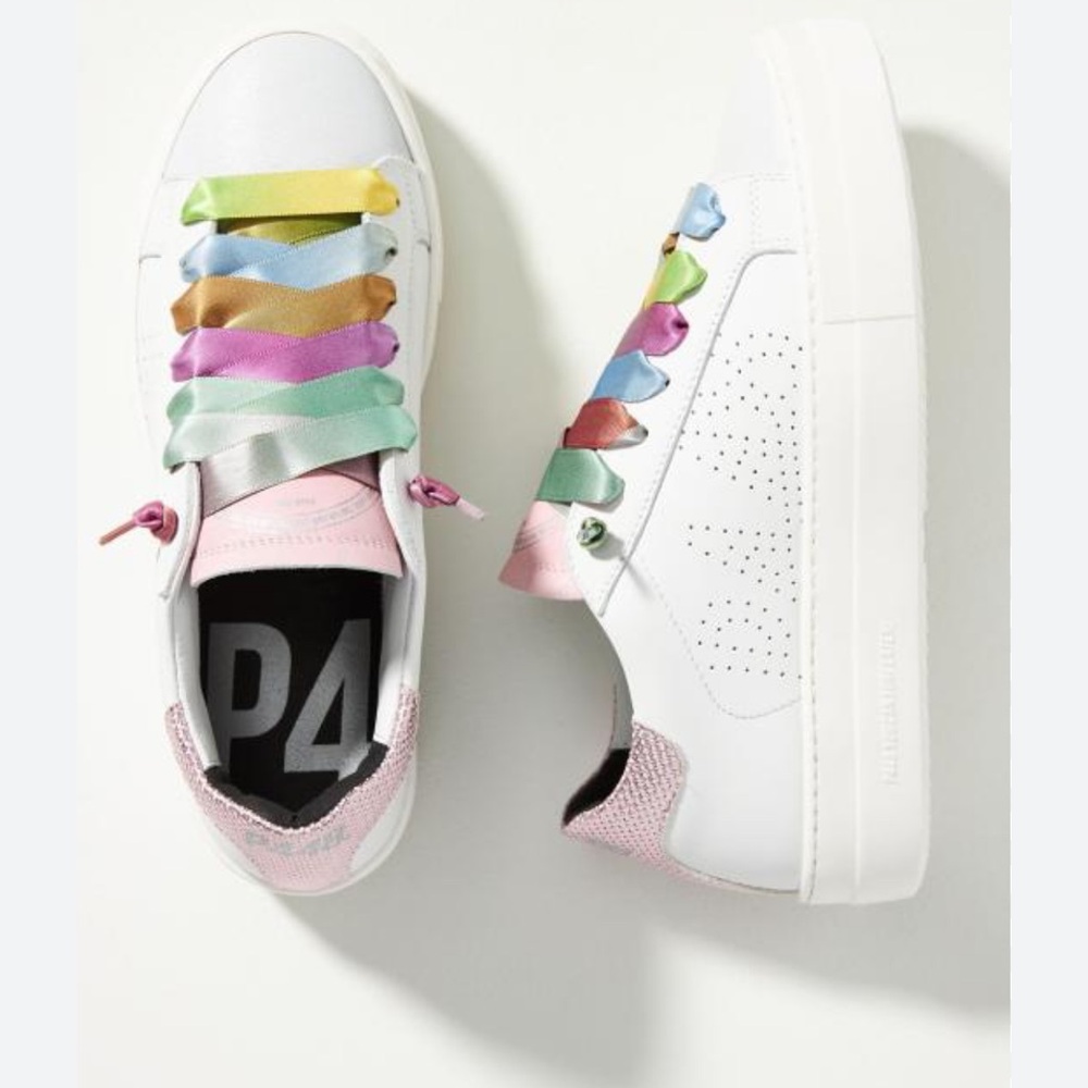 P448 N7668 Womens White/Pink Rainbow Ribbon Lace Leather Sneaker